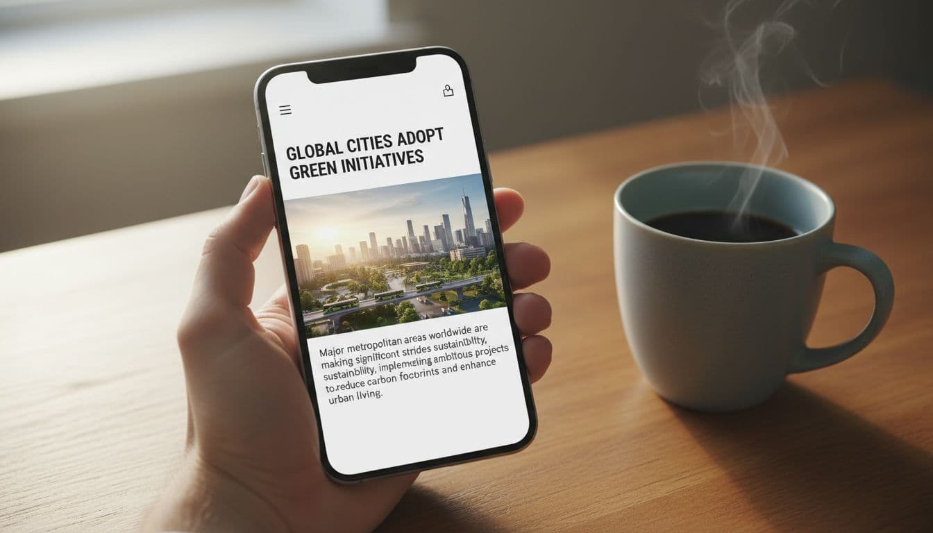 Core Web Vitals for Editorial Sites: Fix Ads First (2026) 16 A realistic image of a mobile phone held in a hand, displaying a fast-loading news article page with a clear headline, large hero image of a cityscape, and first paragraph of text. The phone sits on a wooden desk with a coffee mug nearby, under soft natural lighting.