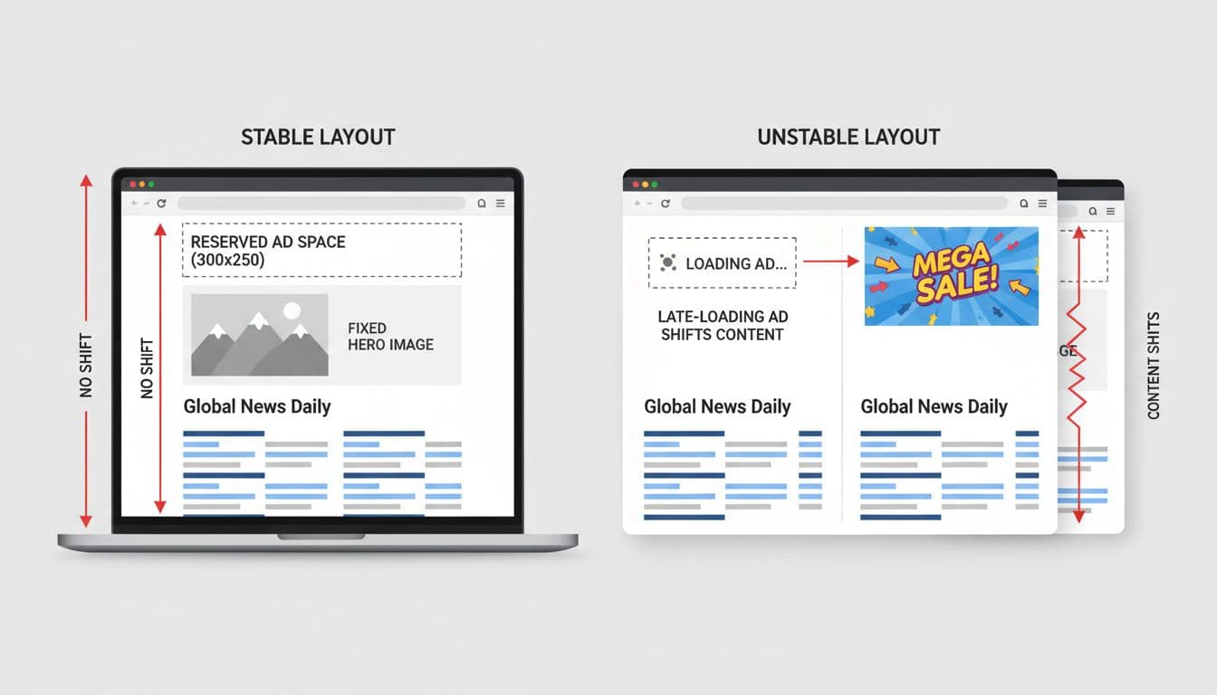 Core Web Vitals for Editorial Sites: Fix Ads First (2026) 17 Illustration contrasting stable webpage layout with reserved ad space and fixed hero image on the left, versus unstable shifting content from late-loading ads on the right, in a clean vector style within a browser window.