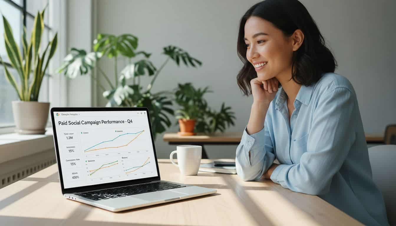 A smiling marketer in a bright modern office workspace with plants views a clean GA4 report dashboard on a laptop screen, showing consolidated trend lines for a single paid social campaign enabled by consistent UTM naming, realistic style with natural daylight and exactly one person.