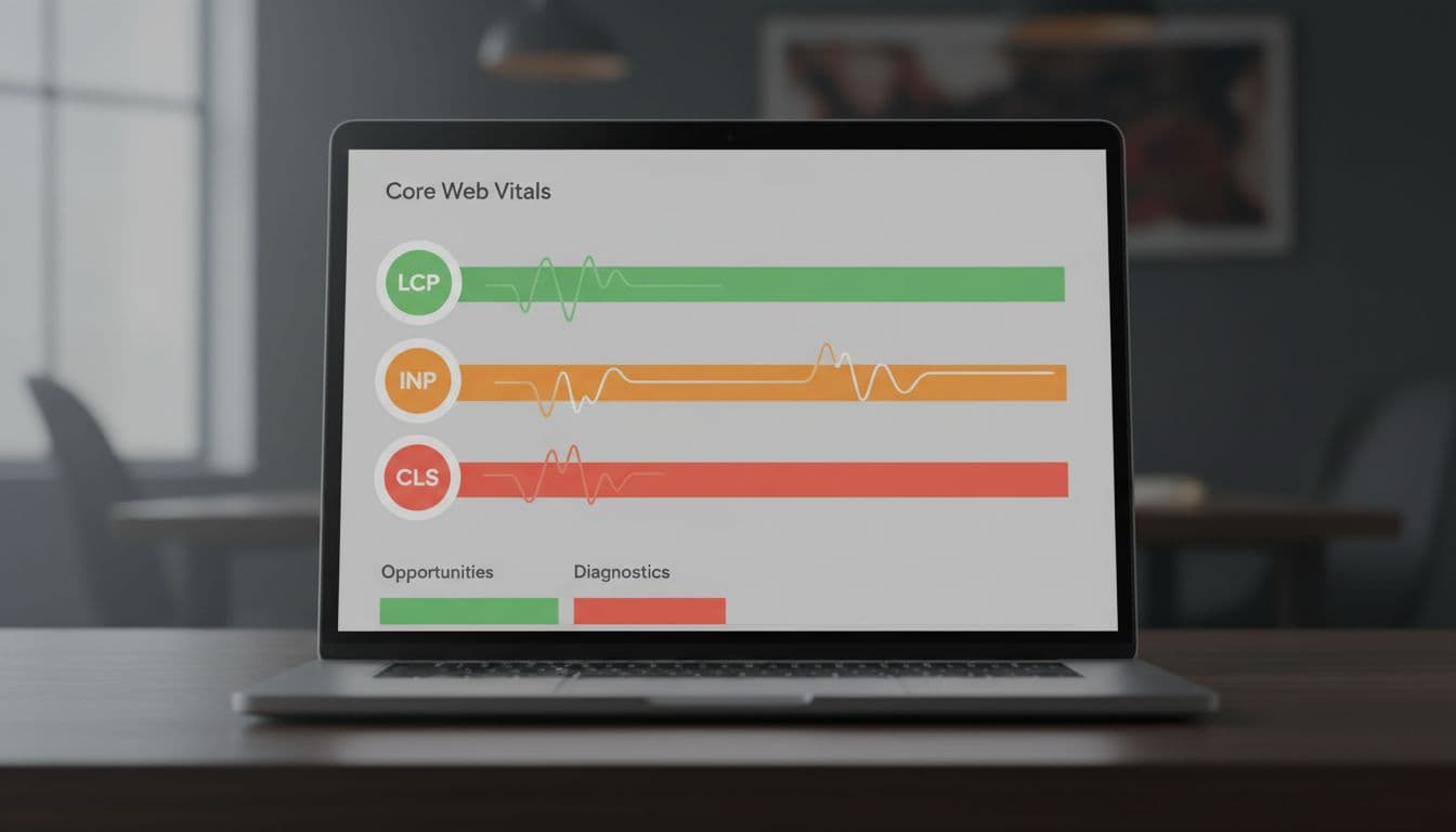Clean screenshot-like view of a Core Web Vitals report from PageSpeed Insights, displaying green, orange, and red metrics for LCP, INP, and CLS with simple bars on a focused laptop screen in a dim office environment.