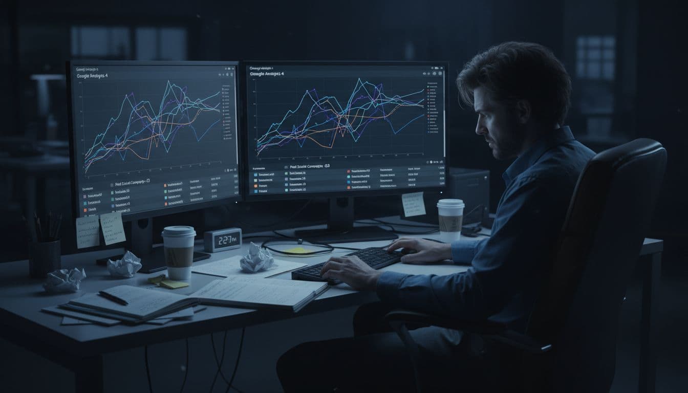 A frustrated data analyst in a dimly lit late-night office examines a chaotic GA4 dashboard on dual monitors displaying fragmented trend lines and duplicate rows for the same paid social campaign due to inconsistent UTM campaign names, with scattered notes and coffee cups on the desk.