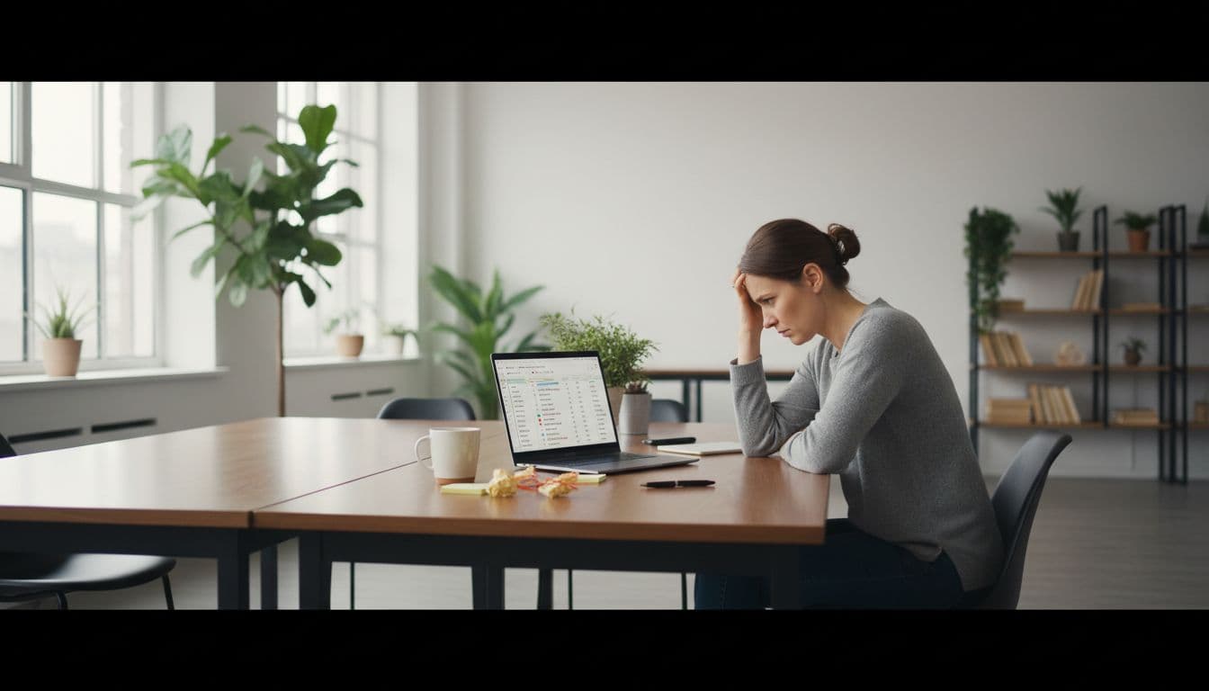 A frustrated solo marketer aged 30-40 in a modern open office stares intently at a laptop screen showing a cluttered GA4 dashboard with unassigned traffic, duplicate sources, and broken UTM parameters from paid social campaigns.