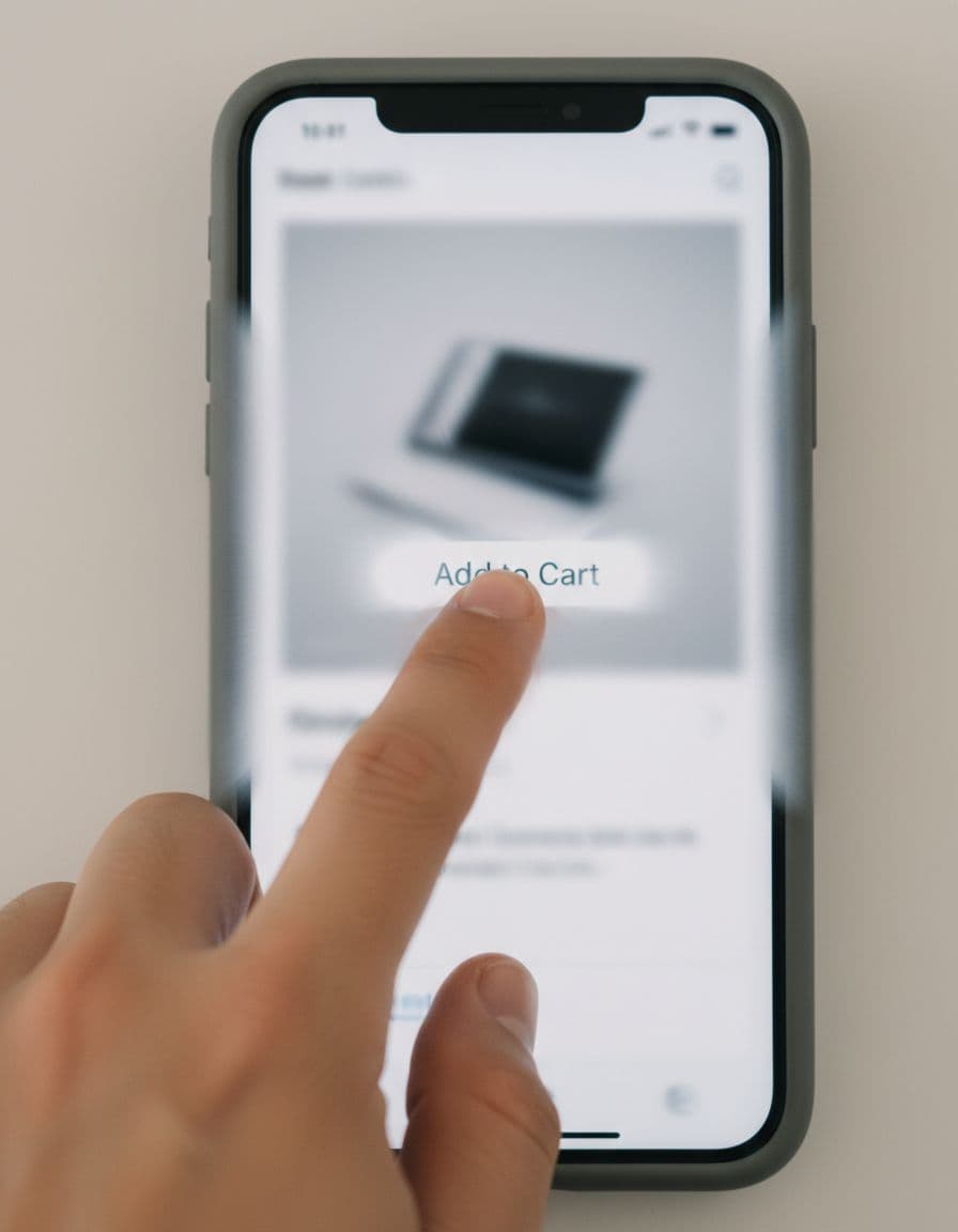 A person's hand with two fingers tapping the add-to-cart button on a mobile phone screen, featuring a subtle blur effect to illustrate interaction lag on an e-commerce product page under neutral indoor lighting.