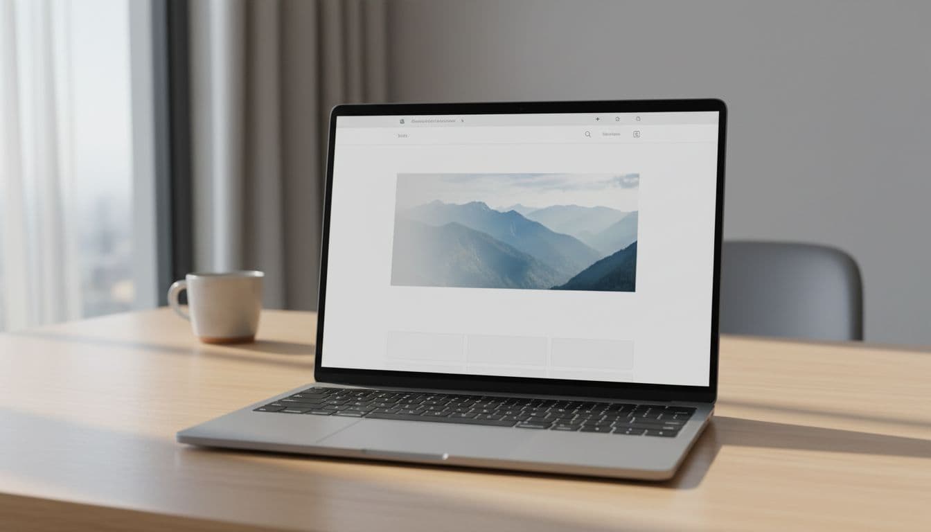 Realistic laptop screen displaying a webpage homepage hero section with a large mountain landscape image slowly loading from a gray placeholder box, in a clean modern office desk setting with natural daylight.