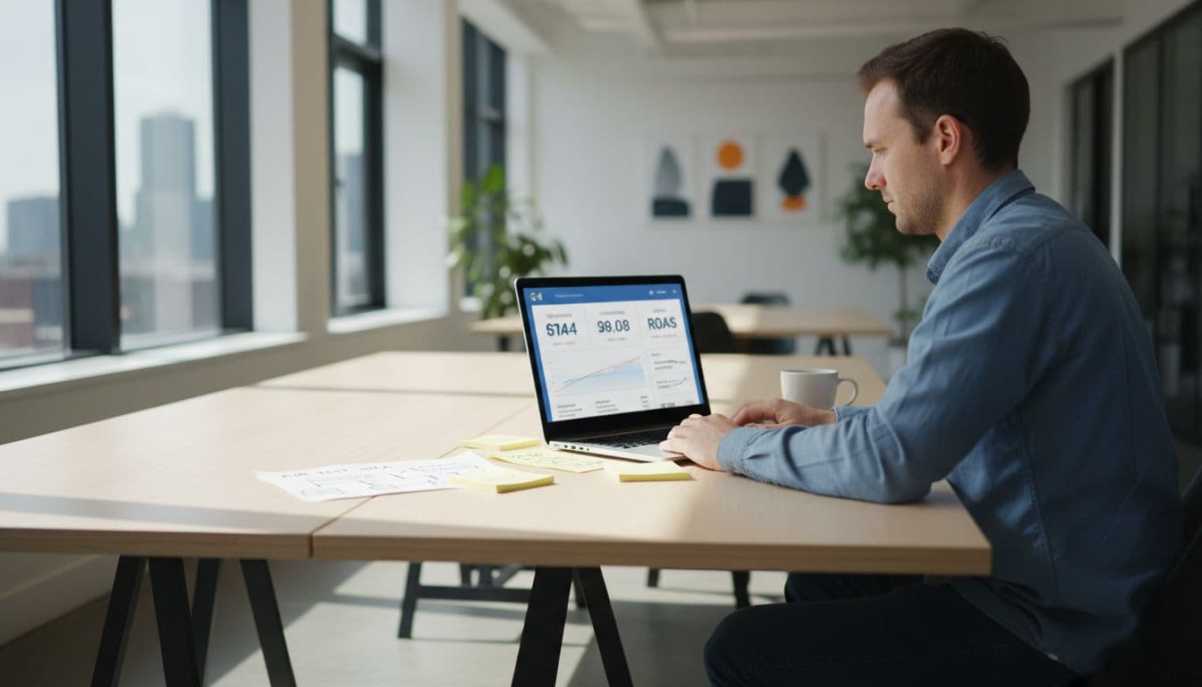 A focused marketer sits at a desk in a bright modern office, viewing a GA4 dashboard on a laptop displaying total campaign metrics without ad creative breakdowns, surrounded by A/B test notes and a coffee mug under natural daylight.