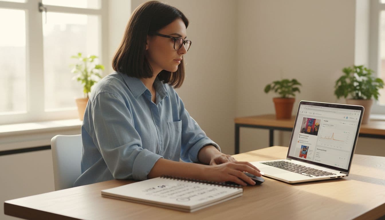 A diligent 25-35 year old marketer in a contemporary home office performs QA on a paid social UTM link, using laptop with incognito browser, ad preview, GA4 realtime report, mouse clicking test link, notepad checklist, soft natural light, realistic style.