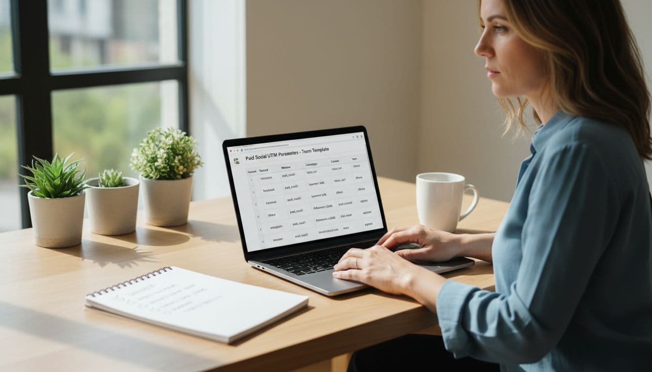 A focused marketer aged 30-40 at a bright modern desk with plants reviews a shared Google Sheet on a laptop showing clean UTM parameter examples for paid social campaigns. The workspace includes a notebook with checklist, coffee mug, and natural daylight through the window.