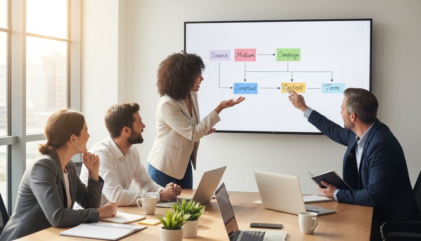 A diverse team of four marketers—two women and two men aged 25-45—animatedly discusses UTM parameters on a shared screen in a bright, modern conference room filled with plants, coffee cups, laptops, and notebooks under natural daylight.
