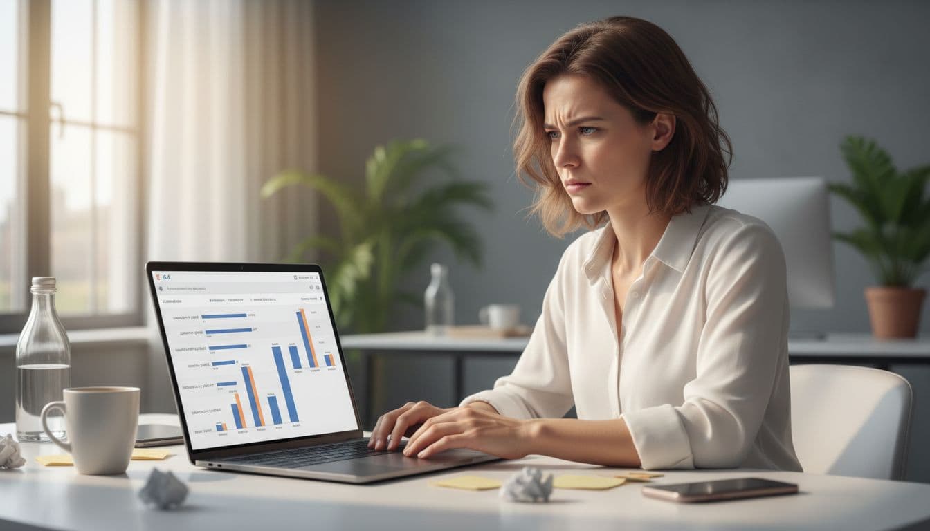 A puzzled marketer in a modern office stares at a laptop displaying a fragmented GA4 report caused by inconsistent UTM tags on paid social campaigns, with a cluttered desk and soft daylight.