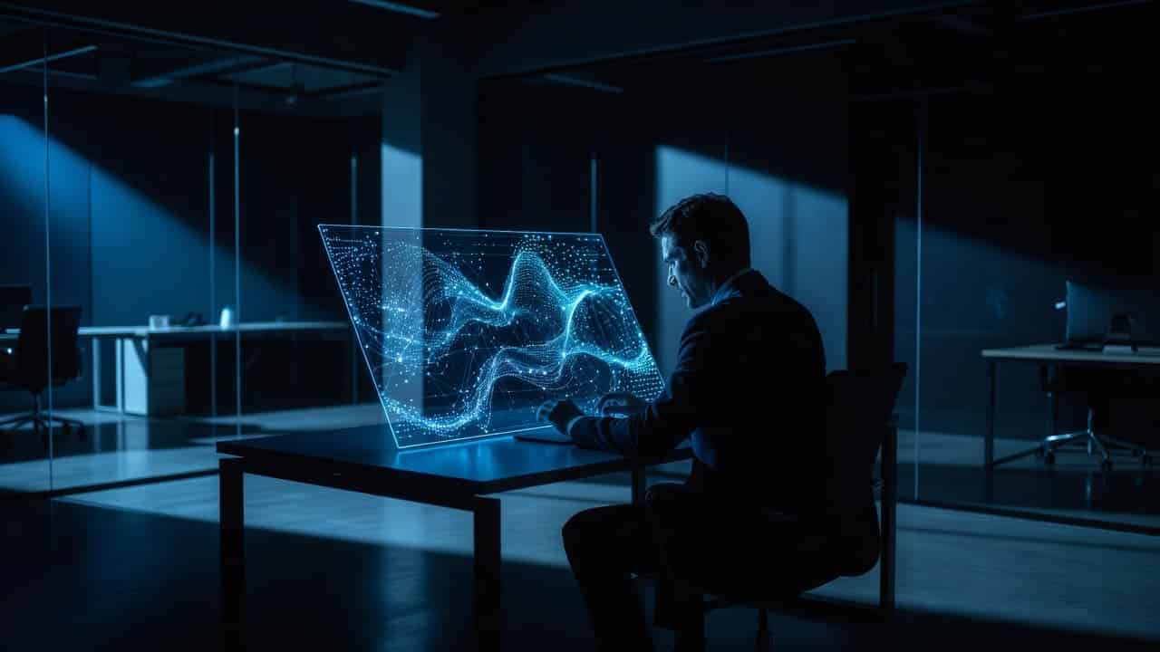 Competitor Content Analysis Without Copying 1 A focused individual examines a glowing digital screen displaying interconnected network outlines and complex data points. Deep shadows contrast with bright blue illumination within this high-end, modern corporate environment.
