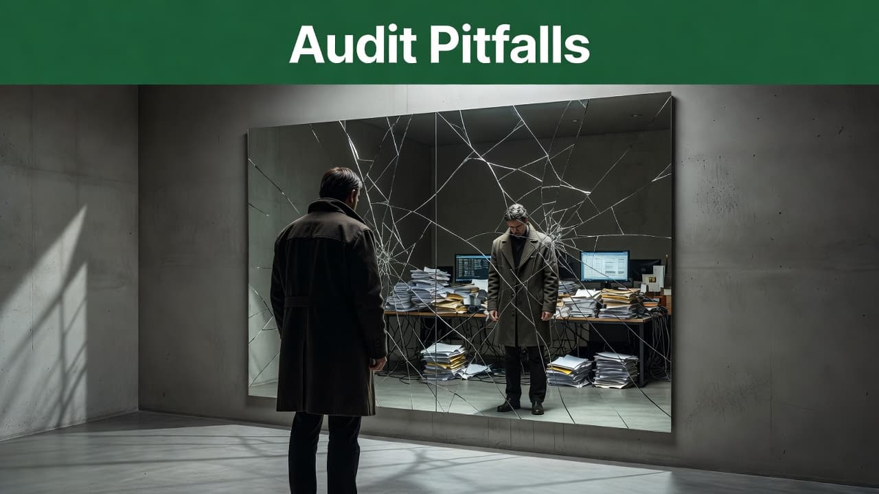 Competitor Content Audit: Step-by-Step Structure Guide 6 A person stands before a fractured mirror displaying a distorted reflection, positioned below a bold dark green horizontal banner featuring the text Audit Pitfalls in a sharp geometric sans-serif font.