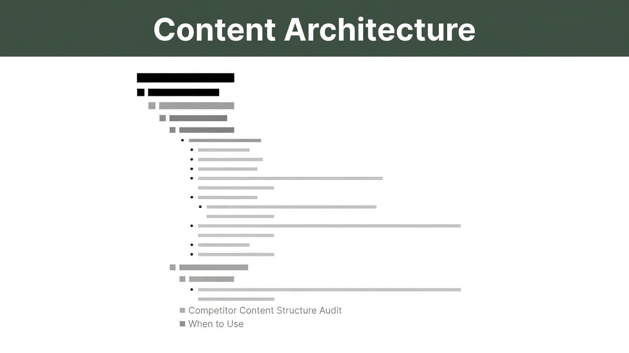 Competitor Content Audit: Step-by-Step Structure Guide 1 A dark green horizontal header labels the interface as Content Architecture. Below, a minimalist layout highlights the visual hierarchy of a document outline through clean geometric lines and structured text blocks.