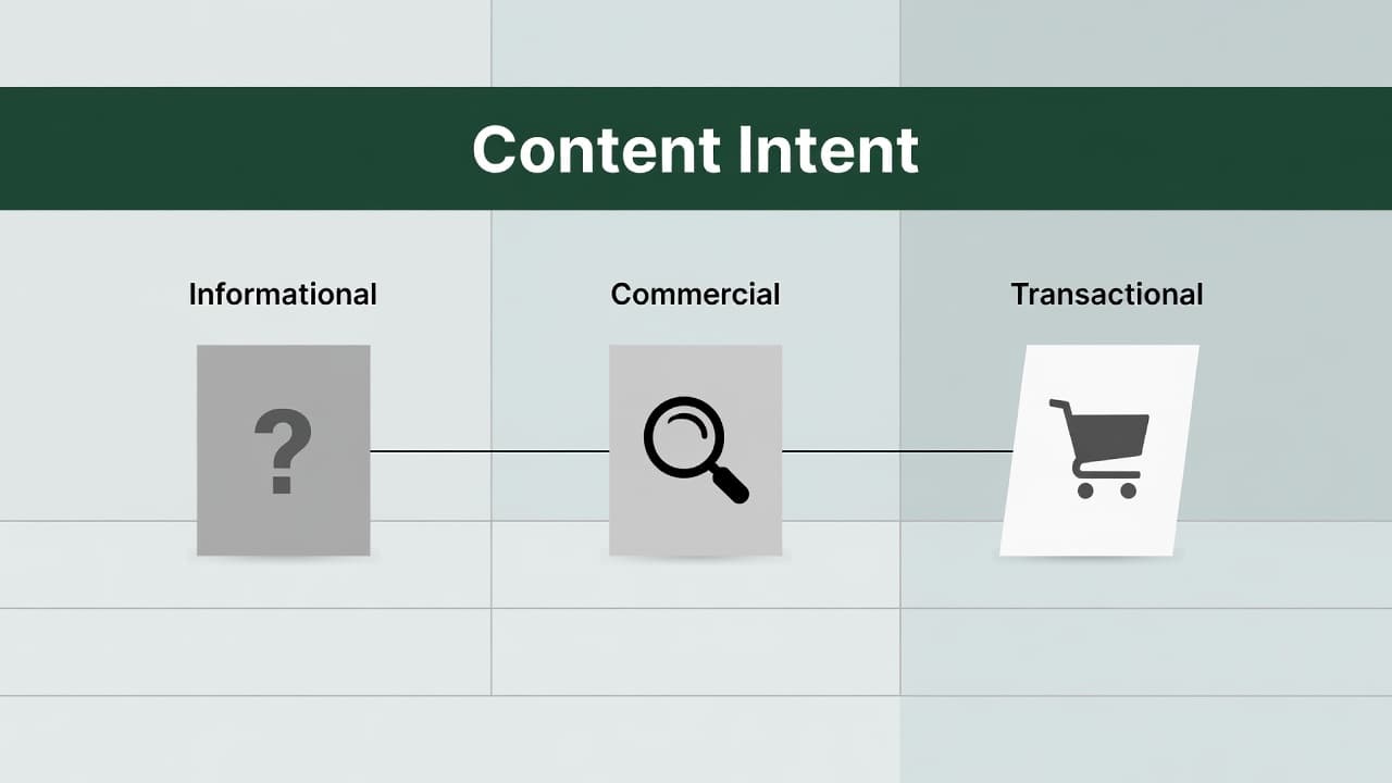 Competitor Content Audit: Step-by-Step Structure Guide 2 Three distinct document styles are organized beneath a dark green header labeled Content Intent. Minimalist geometric lines segment the white space, visually classifying informational, commercial, and transactional search intent categories clearly.