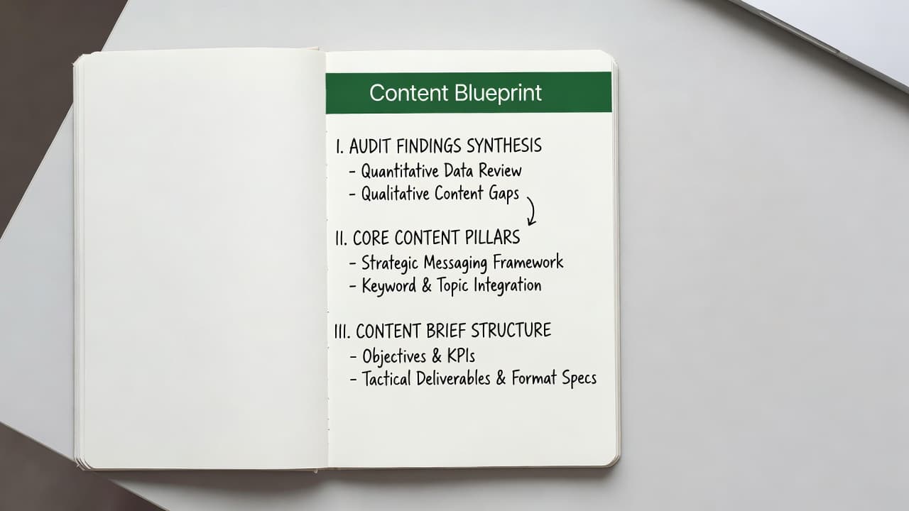 Competitor Content Audit: Step-by-Step Structure Guide 5 A top-down view shows an open notebook featuring a structured content outline. A dark green header clearly labels the page as a blueprint while crisp lighting illuminates the tidy desk surface.