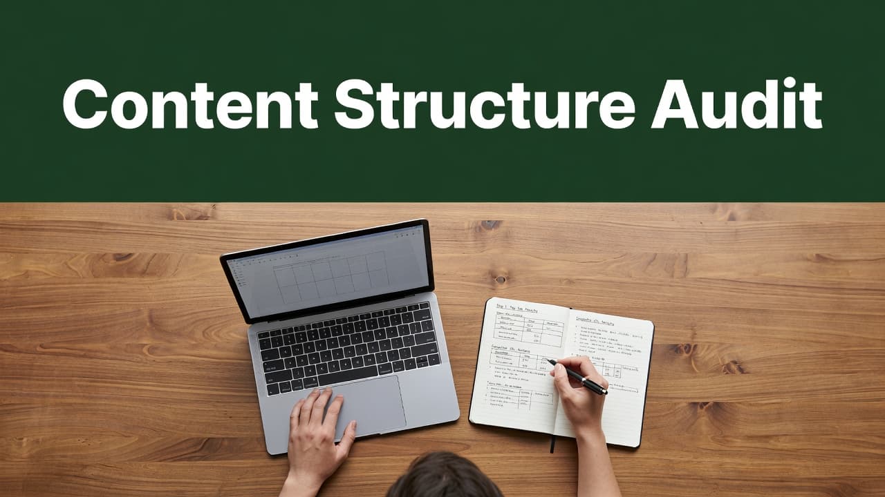 Competitor Content Audit: Step-by-Step Structure Guide 3 A top-down view shows a minimalist wooden desk featuring a laptop and an open paper notebook. A dark-green header bar at the top displays bold white text for editorial clarity.
