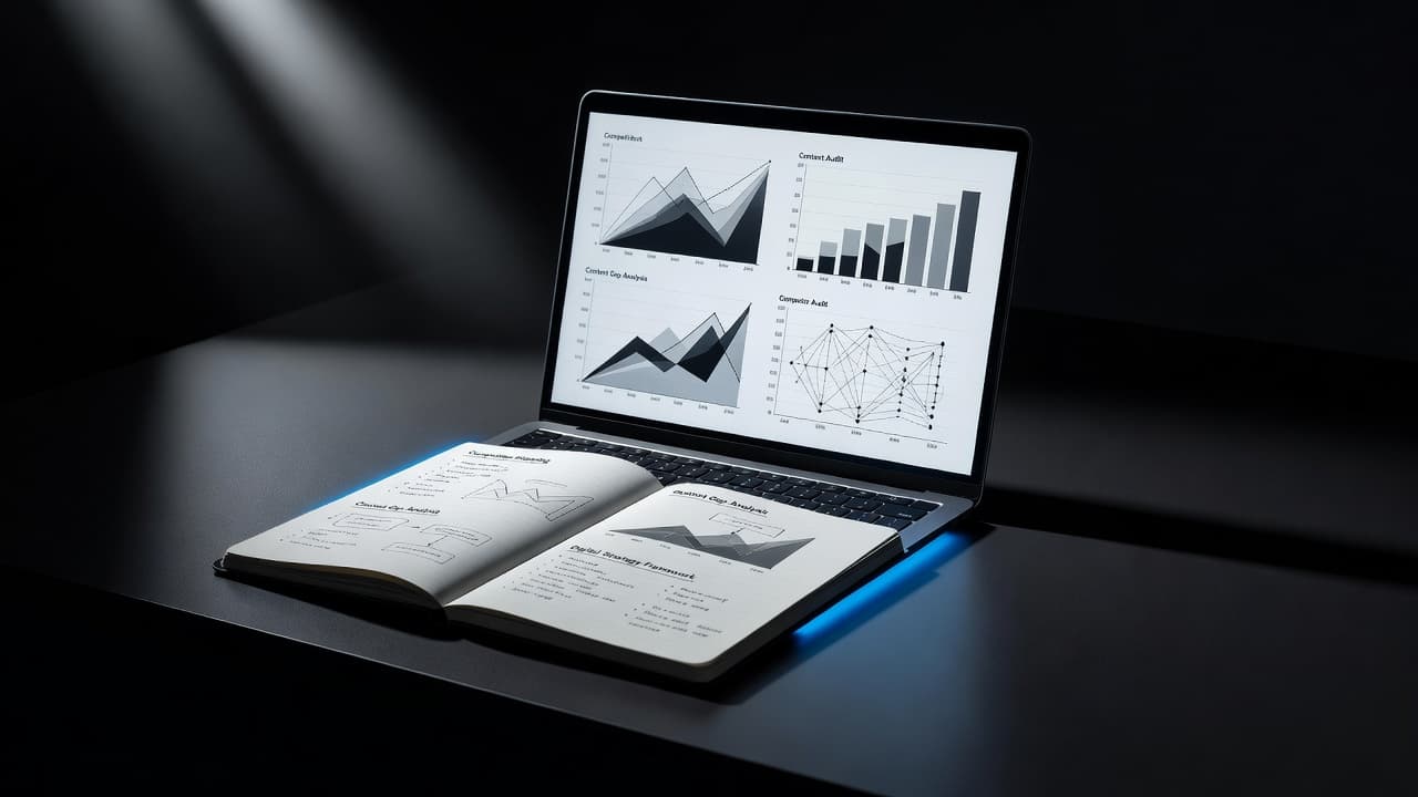 A sleek, dark desk surface features an open laptop showcasing complex abstract charts alongside a leather-bound notebook. Strong dramatic lighting highlights the deep blue accents within the professional office setting.